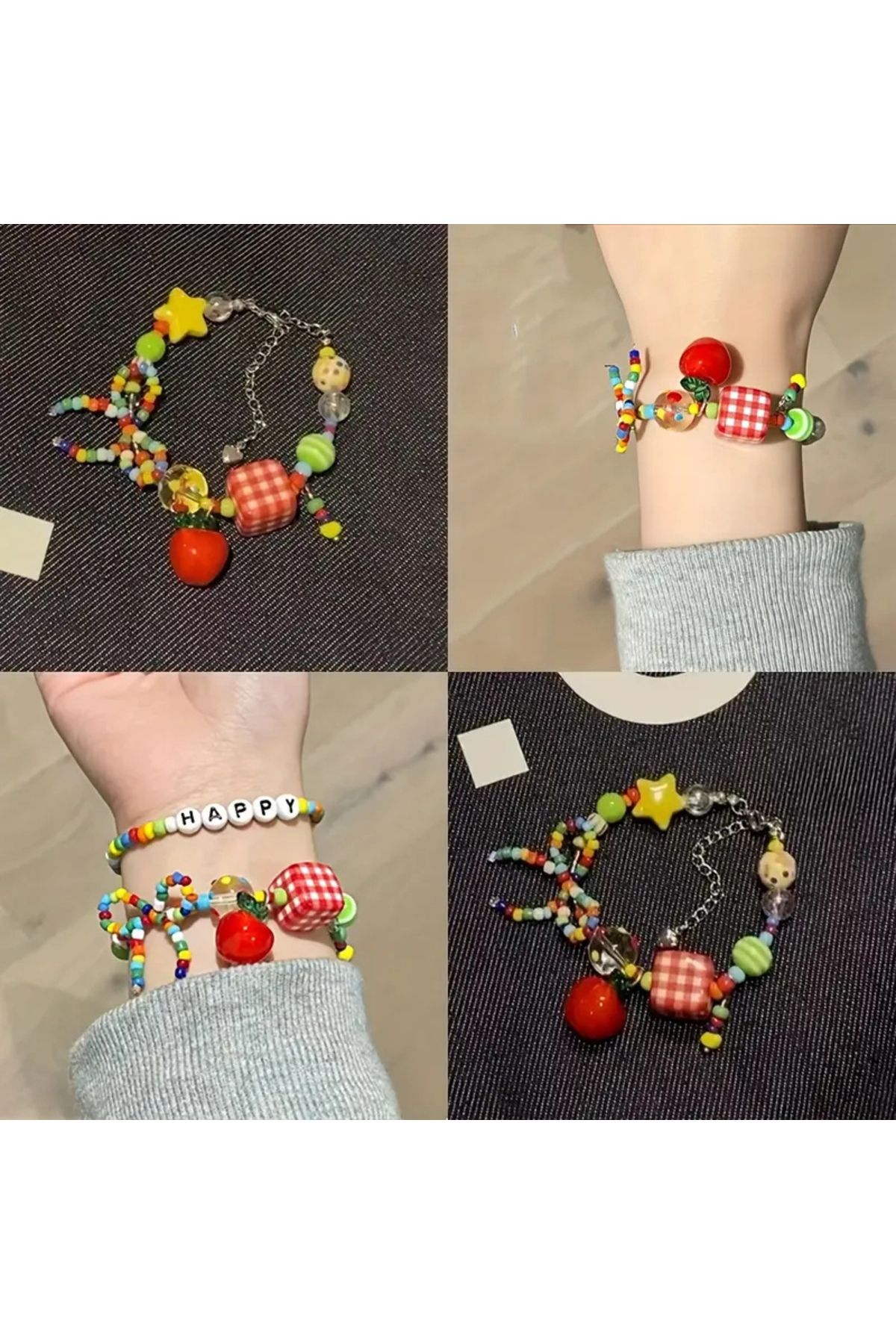 WasWink Renkli Charm Elma & Yıldız Boncuklu Bileklik - Boho-Şık Tarz, Kareli, Çizgili & Karikatür Boncuklar