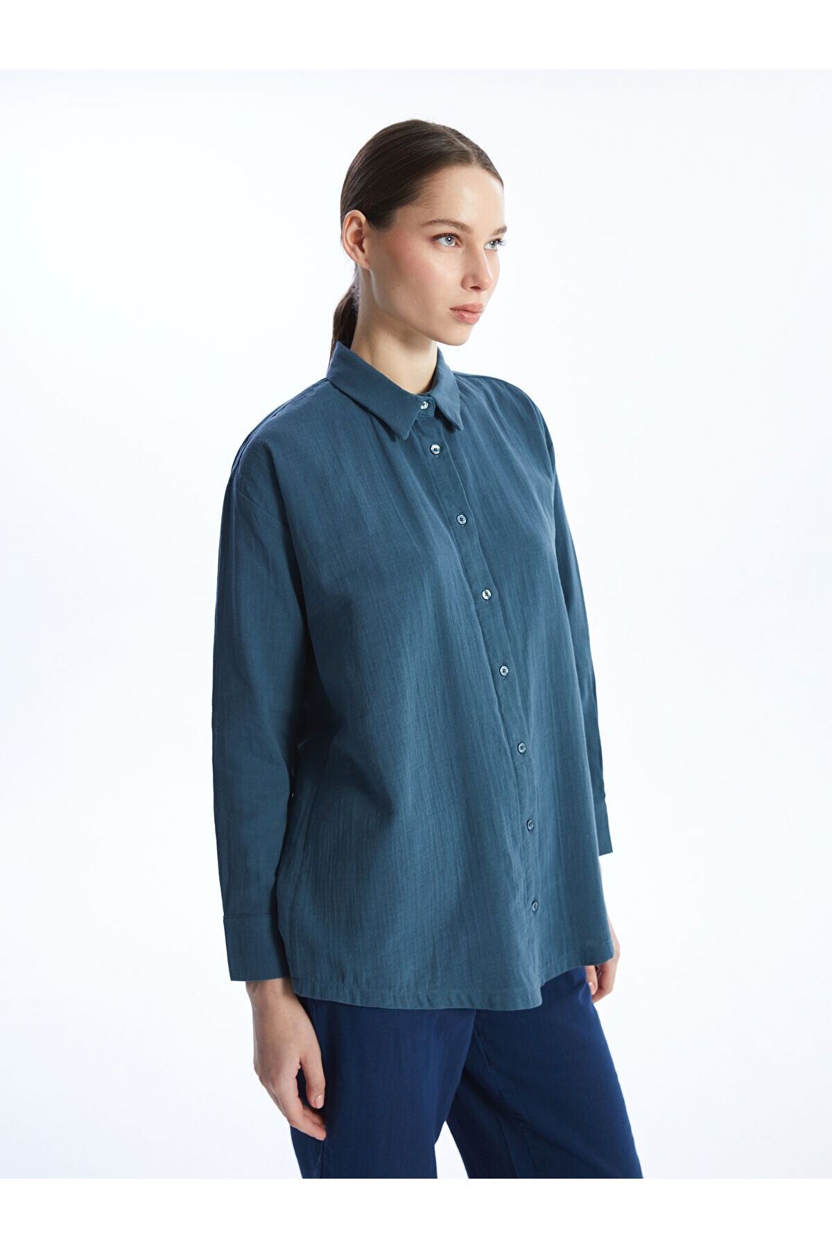 LC Waikiki Düz Uzun Kollu Oversize Müslin Kadın Gömlek Tunik