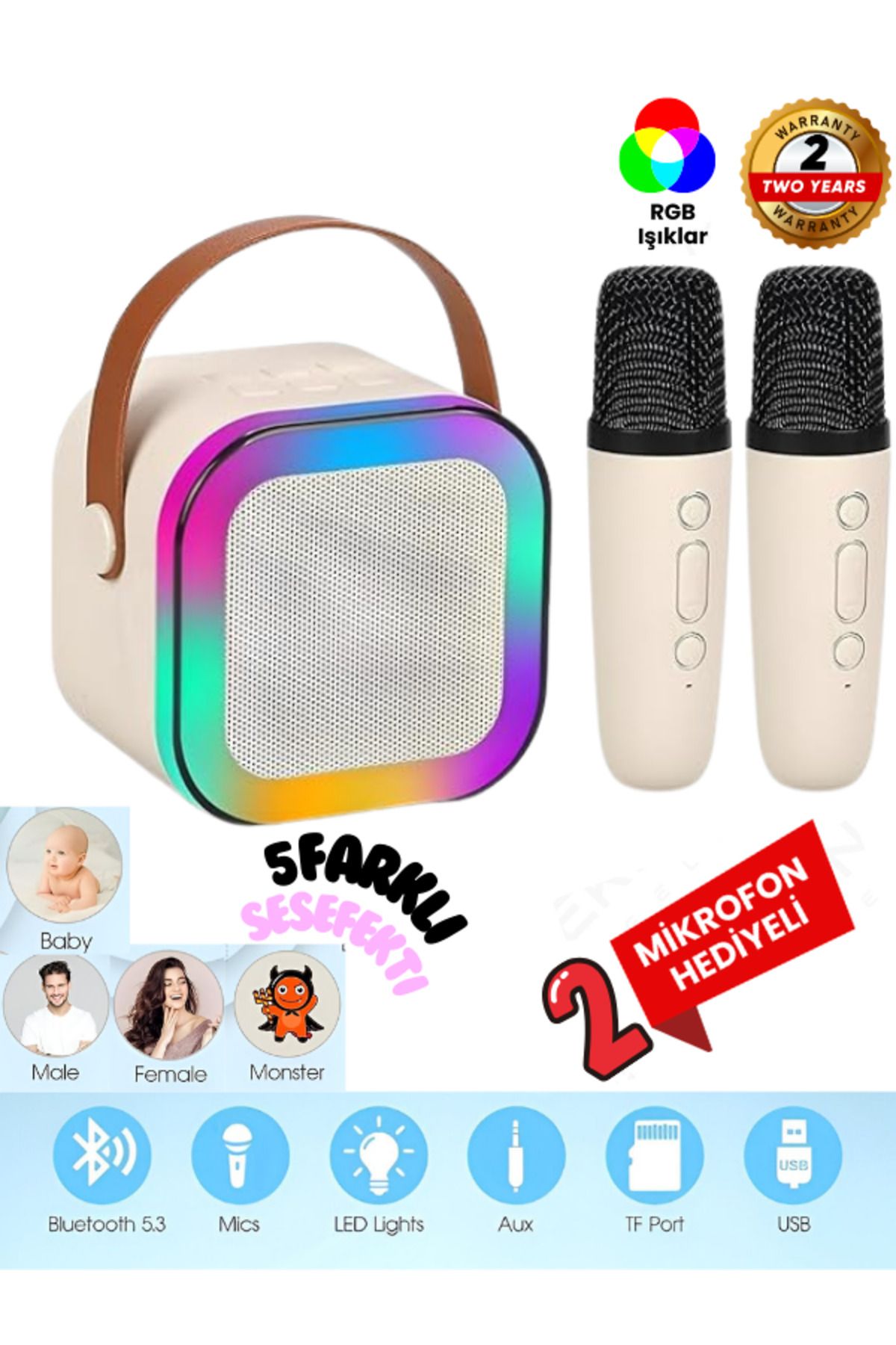 Teknoloji Gelsin Çift Karaoke Mikrofonlu Kablosuz Bluetooth Hoparlör 5 Ses Efektli Rgb Hd Stereo Ses Usb/Sd/FM