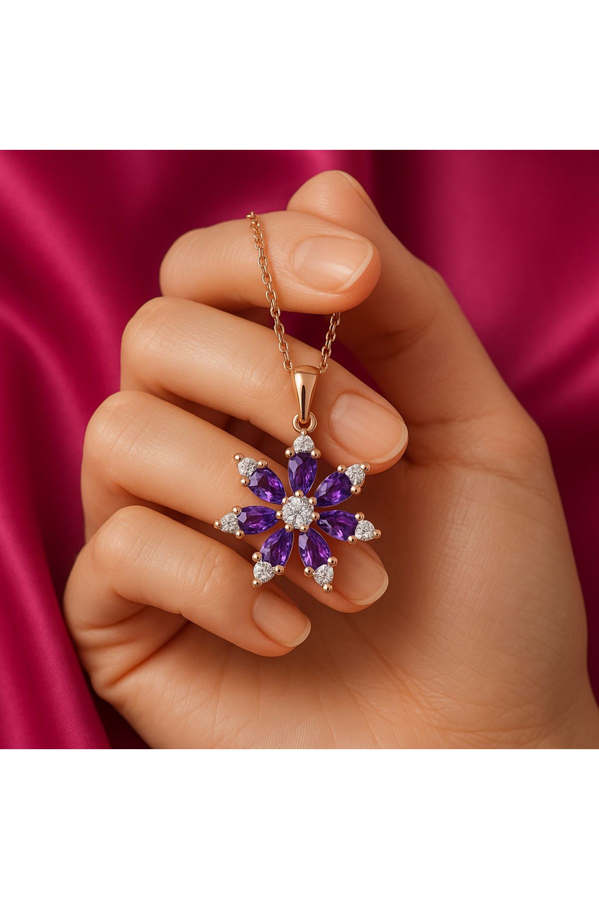 Merand Rose Gold Altın Kaplama Mor Ametist Çiçek Kolye Hediye Kutulu Anneler Gününe Özel
