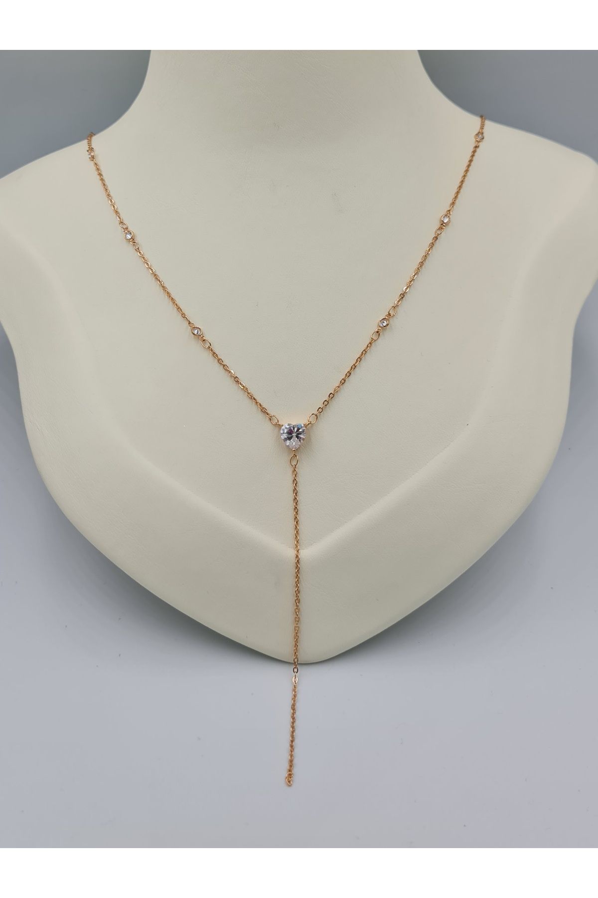 SE Jewellery Collection Selin Ersoy Zarif Kalp Tasarım Y Model Zirkon Taşlı Rose Renk Kadın Dekolte Kolye Xuping Kararmaz Suya Dayanıklı