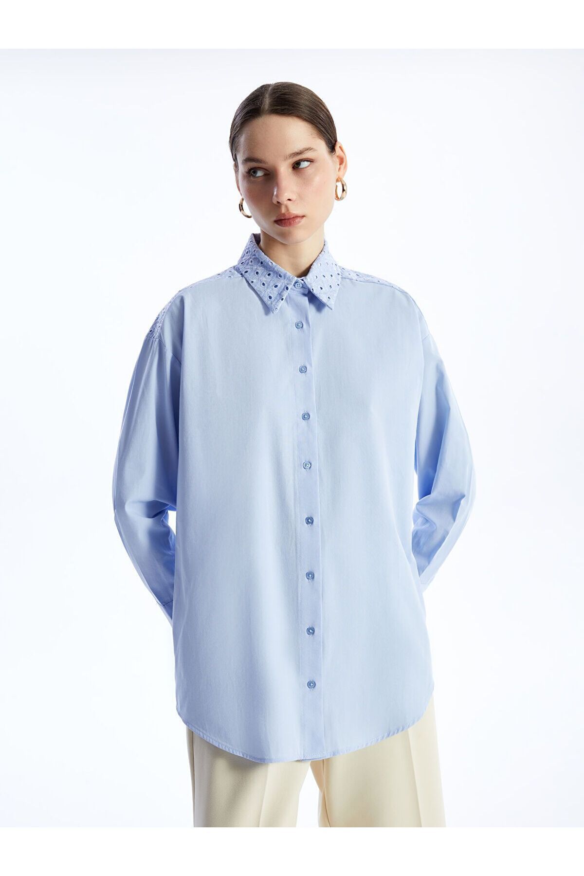 LC Waikiki Nakışlı Uzun Kollu Oversize Kadın Gömlek Tunik