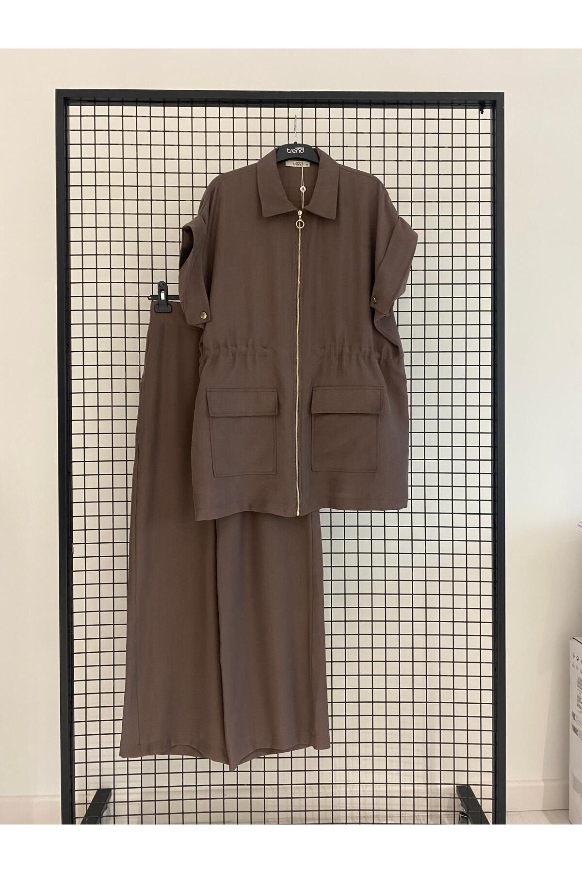 Armine TREND Fermuarlı Beli Büzgülü Cepli Tunik Ve Beli Fermuarlı Bol Paça Kumaş Pantolon Alt- Üst Takım