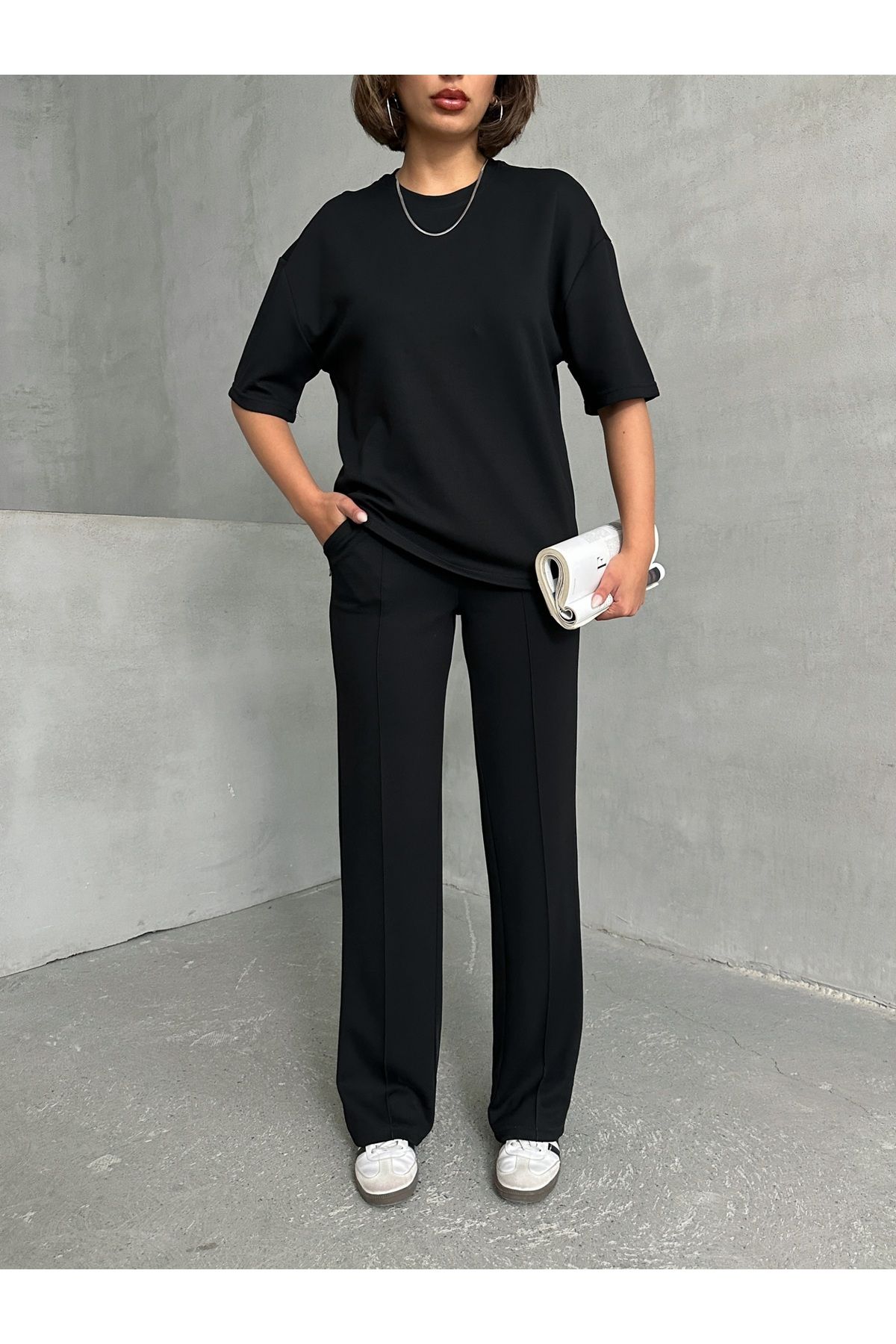 Lusin-Women's Black Soft Modal Fabric Short Sleeve Pants Blouse Tracksuit Set 3