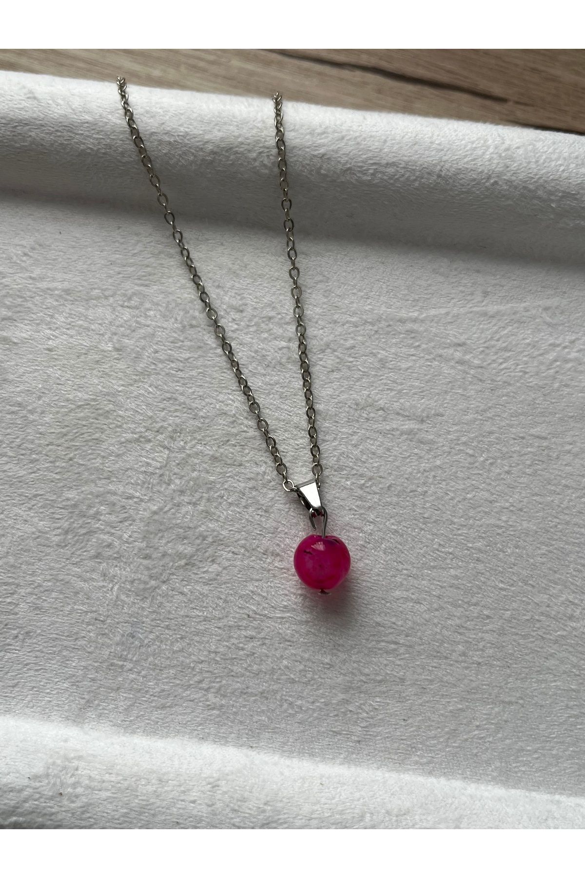 Pel Design 8 mm Pembe Akik Taşı Gümüş Kaplama Kolye