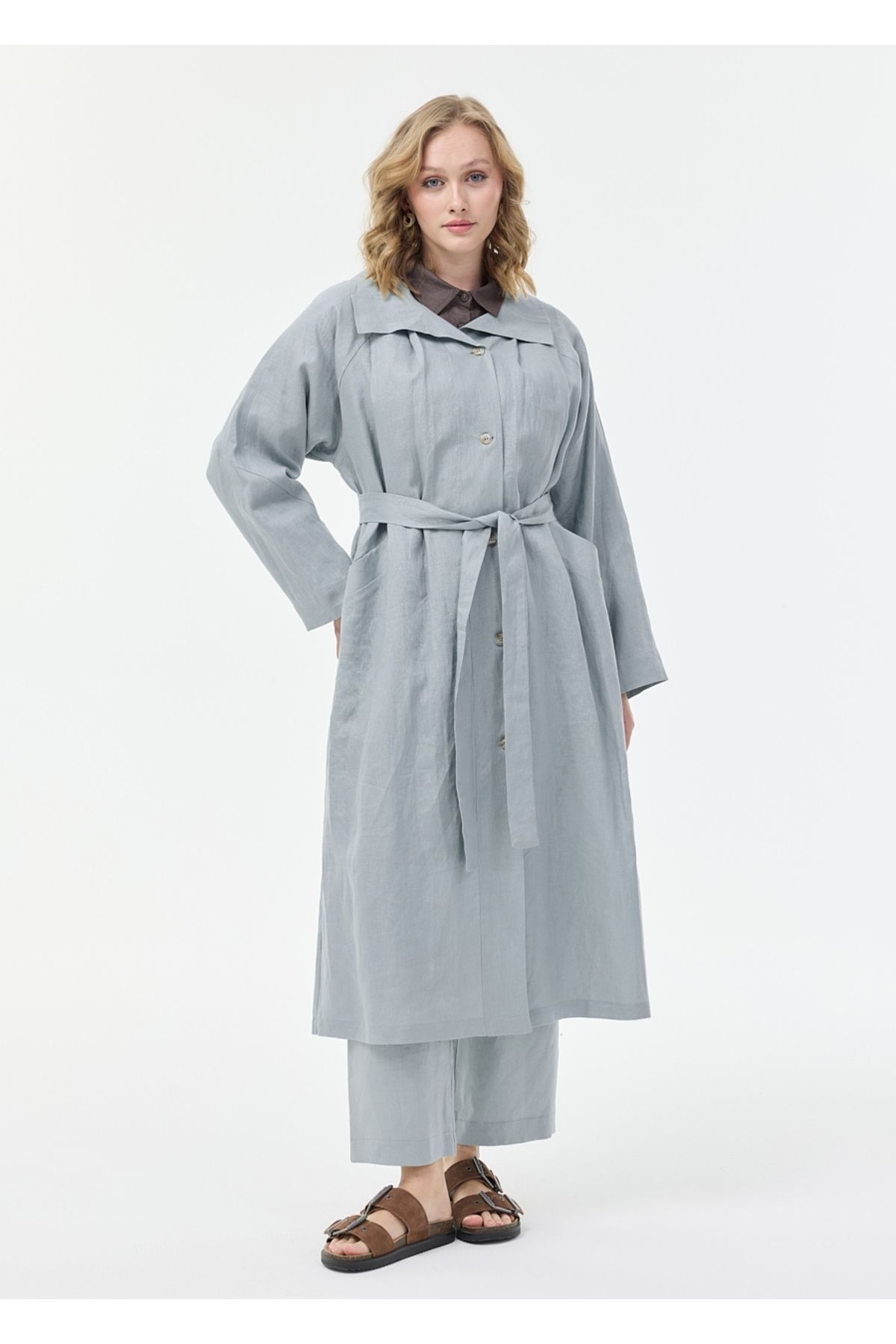 Armağan-Raglan Sleeve Wide Collar Linen Cap 6