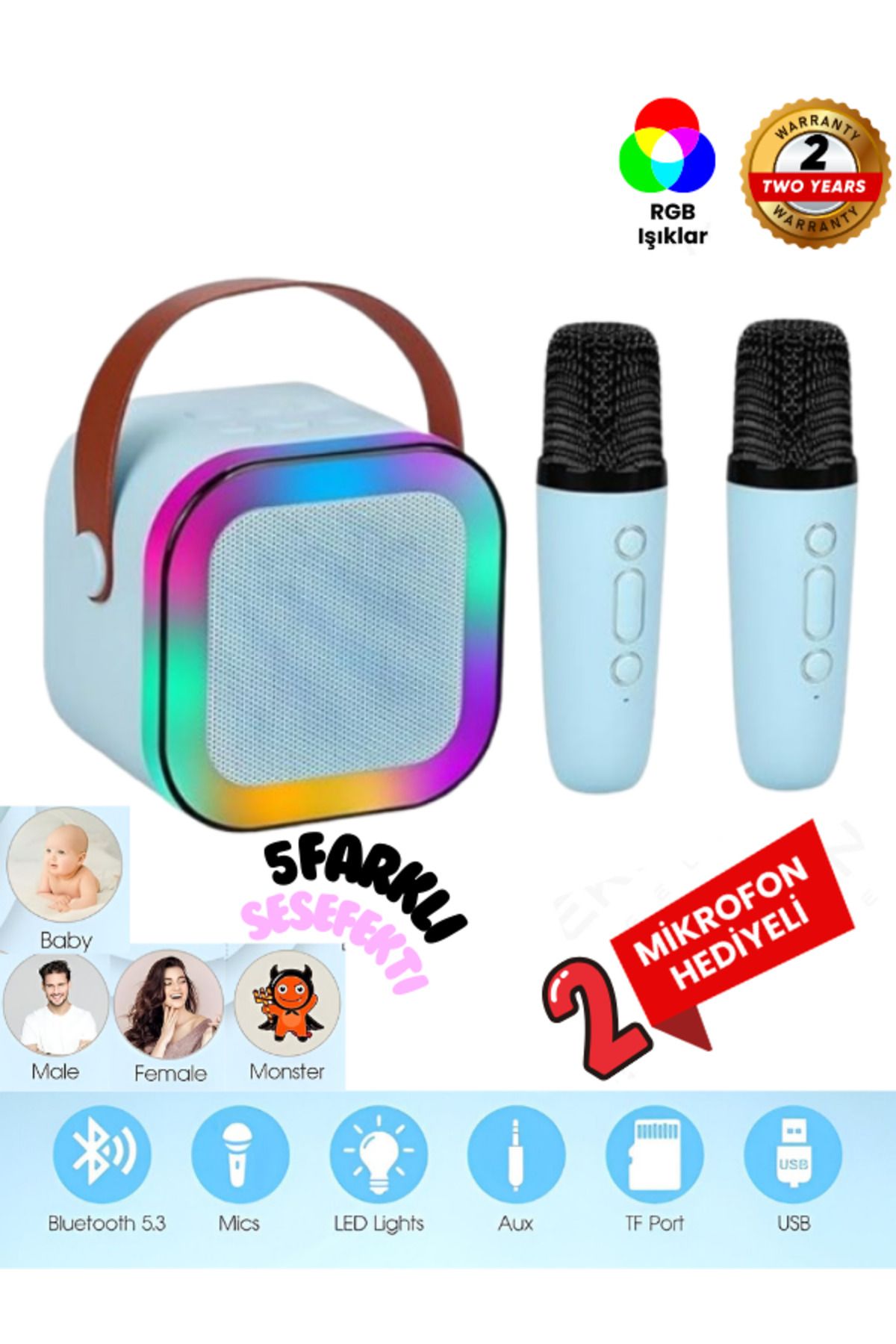 Teknoloji Gelsin Çift Karaoke Mikrofonlu Kablosuz Bluetooth Hoparlör 5 Ses Efektli Rgb Hd Stereo Ses Usb/Sd/FM