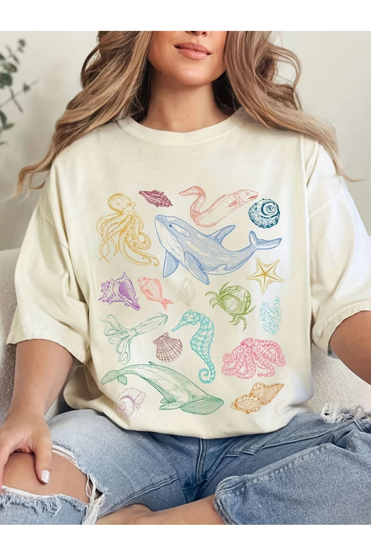 Ferhatlı Yazlık Kadın Deniz Baskılı Oversize Tişört