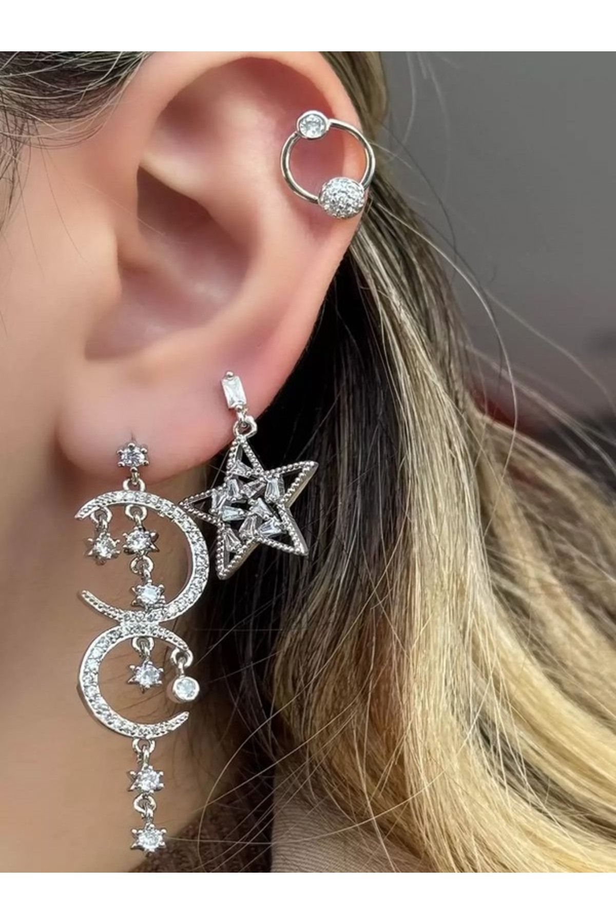AychaAksesuar çelik gümüş renk sallantılı yıldızlı taşlı 3'lü küpe seti set küpe