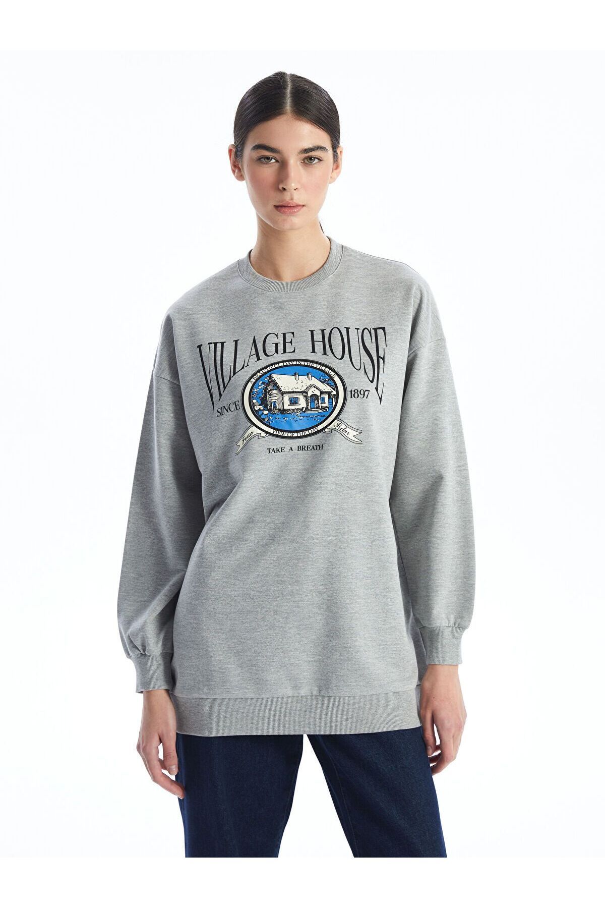 LC Waikiki Bisiklet Yaka Baskılı Kadın Sweatshirt Tunik