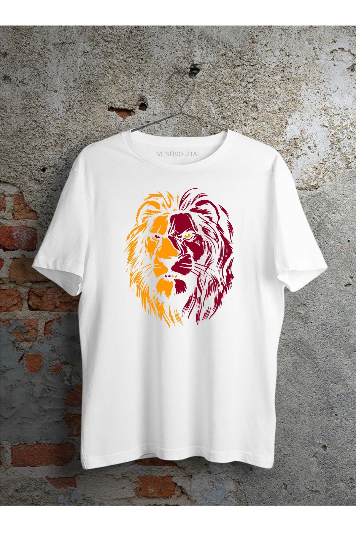 venüsdijital Aslan Kafası Sarı Kırmızı Yeleli Lion Head Baskılı Tişört Unisex T-shirt