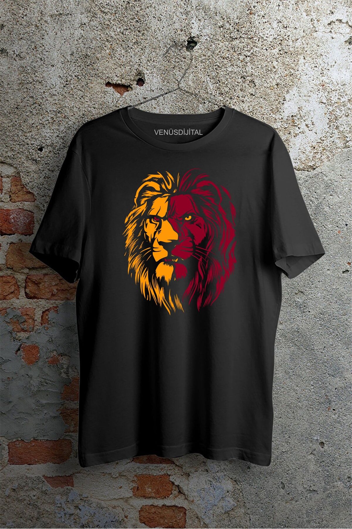 venüsdijital Aslan Kafası Sarı Kırmızı Yeleli Lion Head Baskılı Tişört Unisex T-shirt