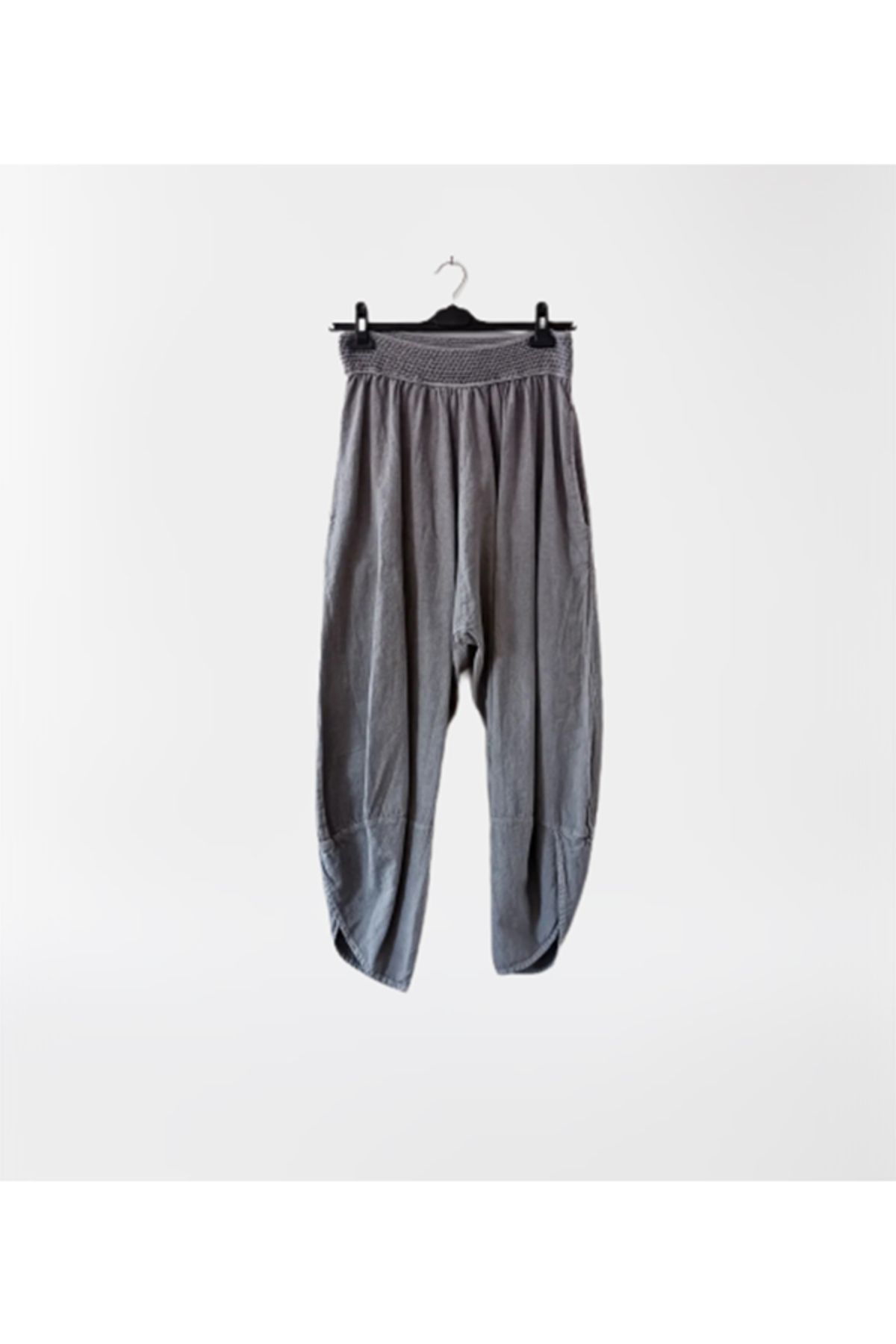 Namaste Vintage Gri renk beli lastikli unisex bilek boy keten şalvar (Yandan cepli)