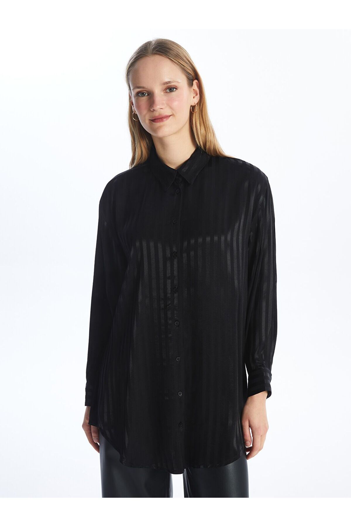 LC Waikiki Çizgili Oversize Saten Kadın Gömlek Tunik