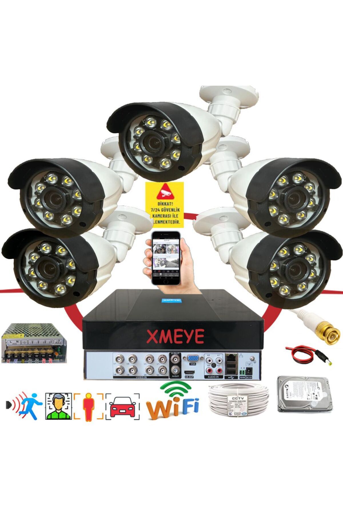 BİSES 5 li Araç İnsan Yüz Tanımalı Hareket Algılayan 5 MP Lens 8 Warm Led Gece Renkli Kamera Seti 2308W