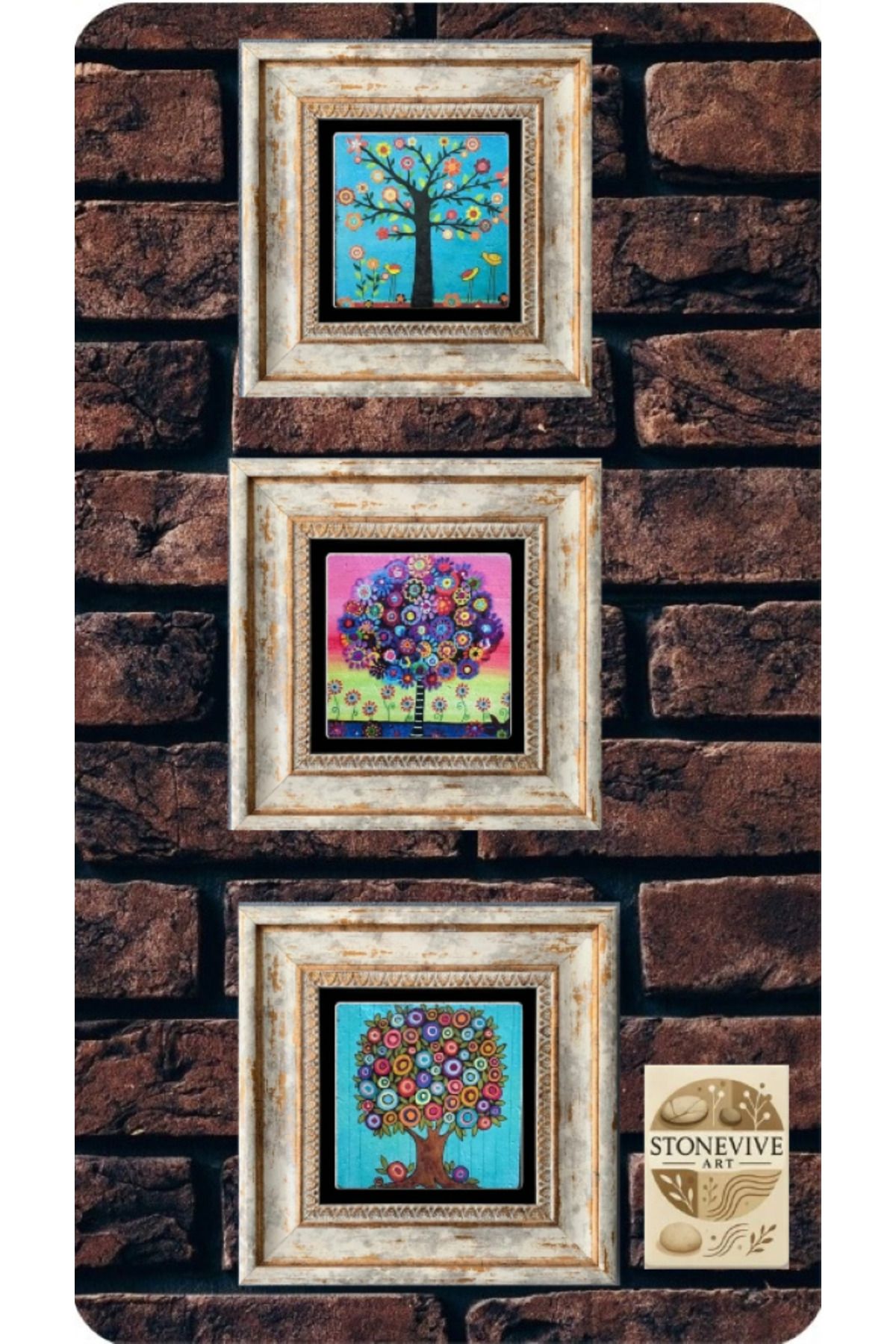STONEVİVEART Bahar Ağaçları Doğaltaş Çerçeveli Duvar dekororları Pano 20x20Cm 3'lü Tablo