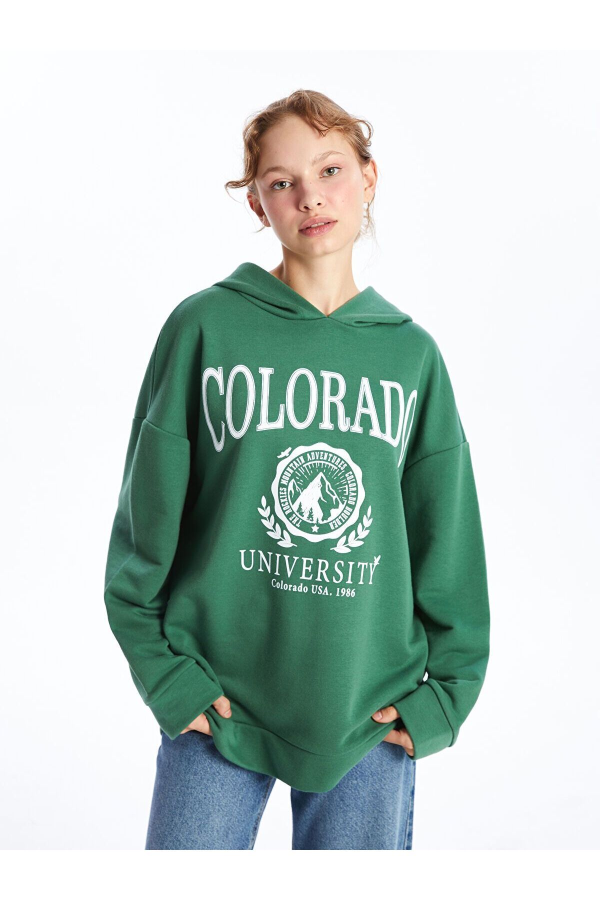 LC Waikiki Kapüşonlu Baskılı Oversize Kadın Kalın Sweatshirt Tunik