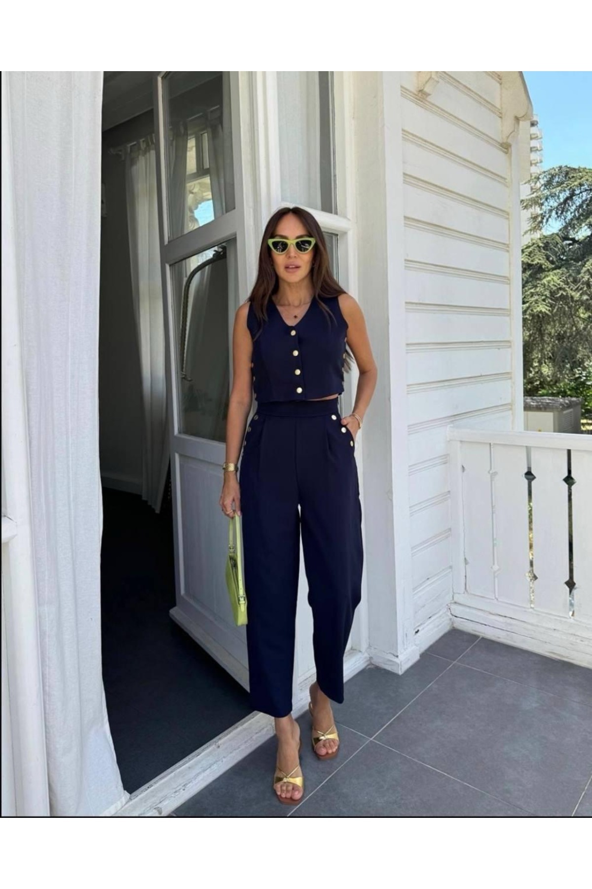 Ekim Store-Gold Buttoned Blouse Trousers Double Set 3