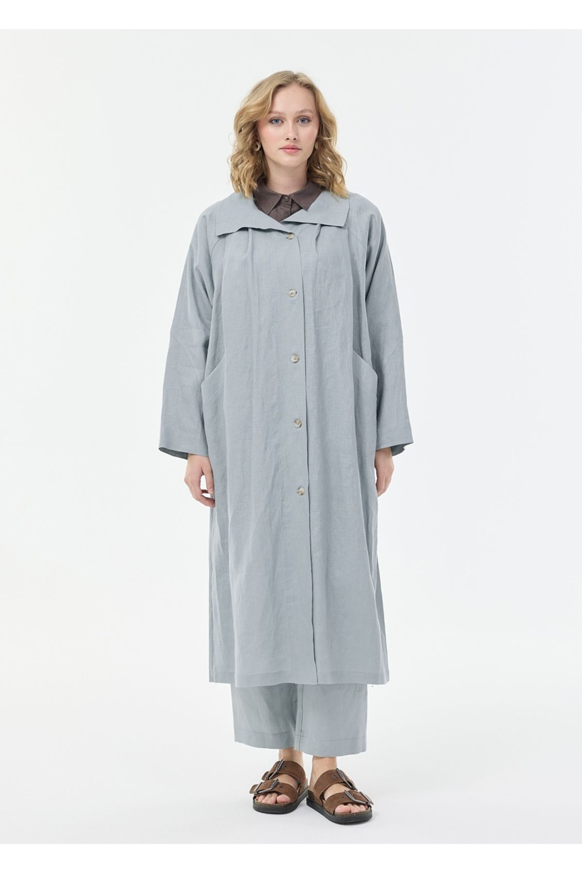 Armağan-Raglan Sleeve Wide Collar Linen Cap 2