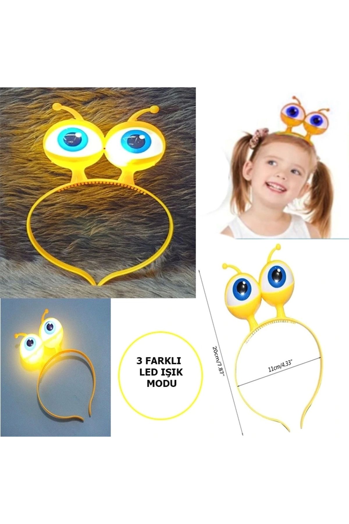 STOREMAX Led Işıklı &amp;amp; Pilli 3 Farklı Modda Yanan Uzaylı Göz Parti Tacı Sarı Renk 18x12 cm (5047)