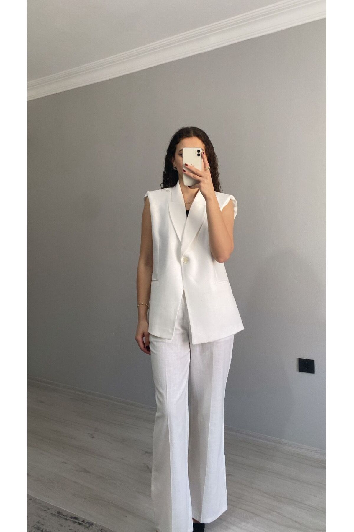 Niceboutique Kruvaze Yaka Vatkalı Yelek Arka Bel Lastikli Salaş Pantolon Keten Takım