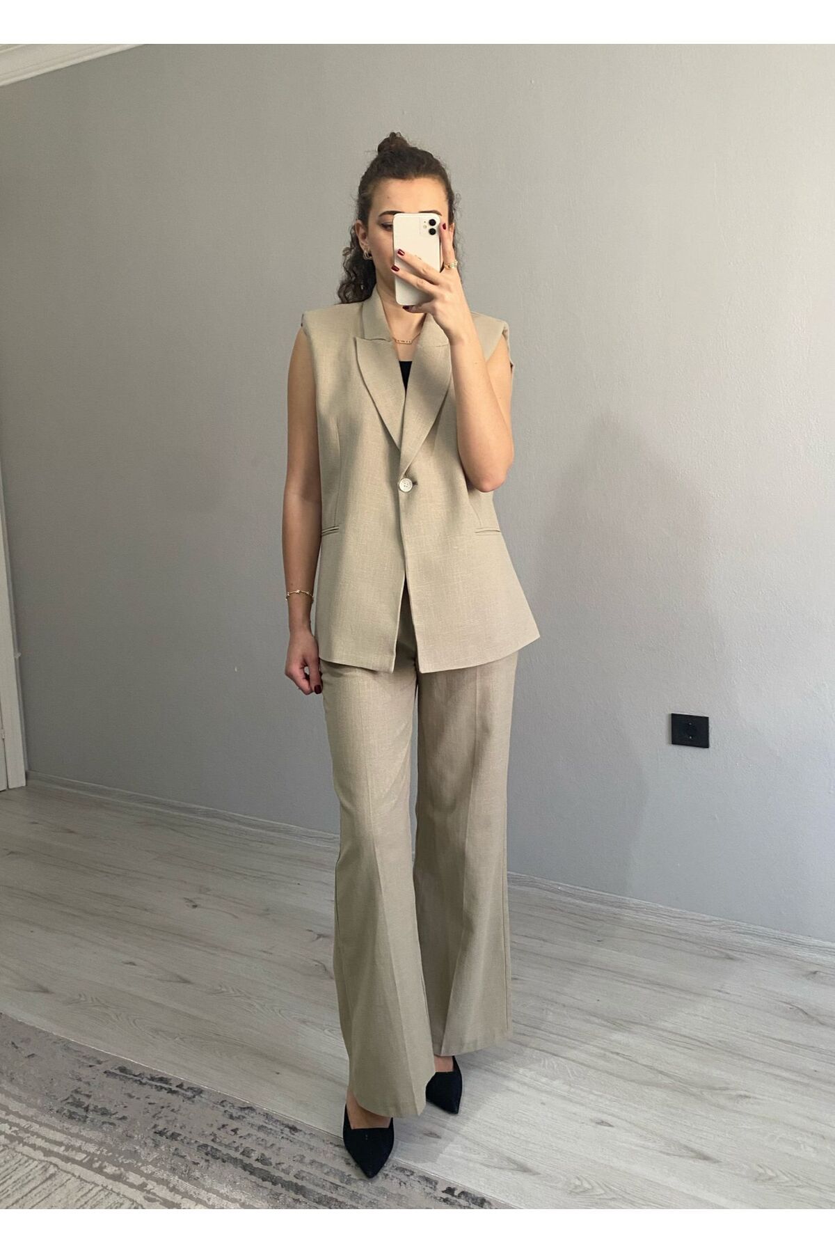 Niceboutique Kruvaze Yaka Vatkalı Yelek Arka Bel Lastikli Salaş Pantolon Keten Takım