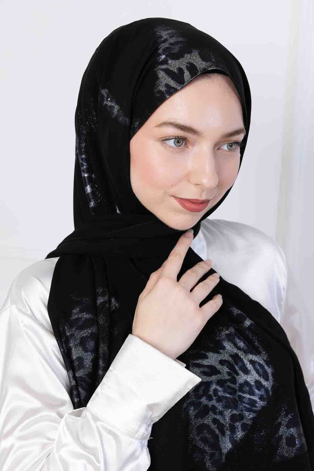 SEEMA Leopar Desenli Siyah Şal – Özel Tasarım