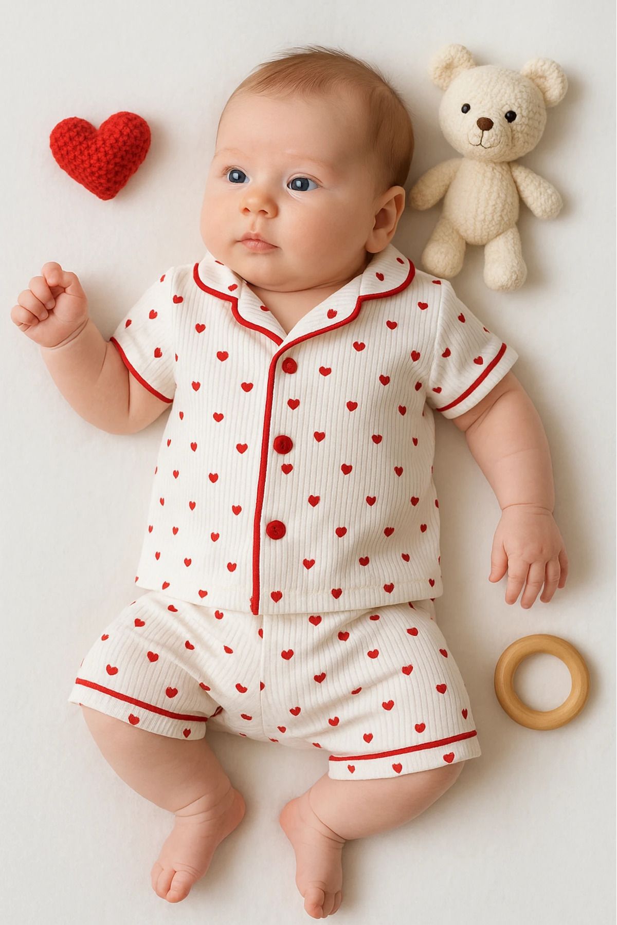 HAVUÇ BEBEK Dolaş Yazlık Minik Kalpler Baskılı Raporlu Kumaş 2’li Bebek Pijama Takım