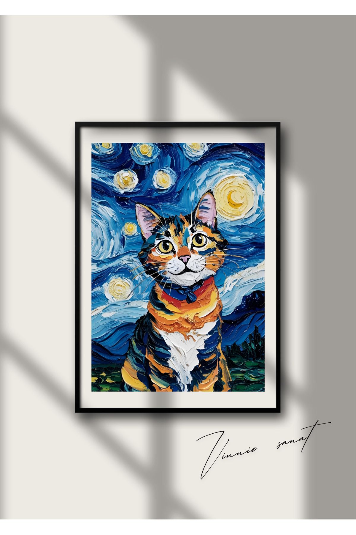 vinnie sanat Van Gogh Çerçeveli Kedi Tablosu