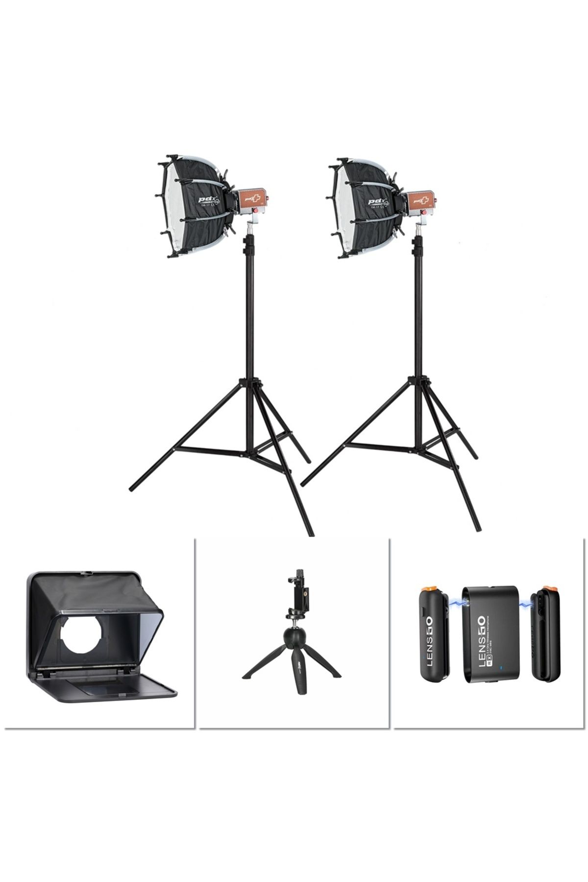 PDX KY-BKO323 İkili Led Işık, Lensgo Prompter, Lensgo 318C Mini Mikrofon ve PDX Minipro Tripod Kit