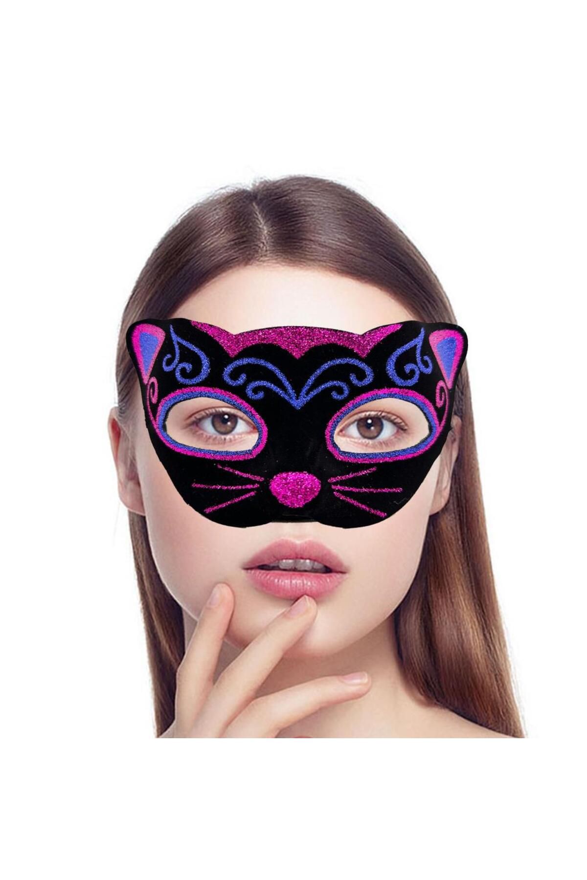 AYLİNA Siyah Kadife Kaplama Üzeri Pembe Mavi Sim İşlemeli Kedi Maskesi 20x13 cm