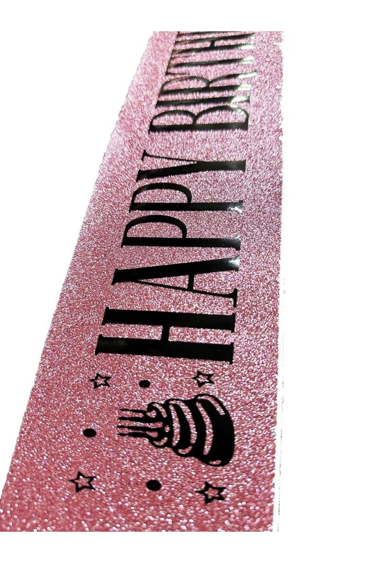Toptan Bulurum Pembe Üzeri Siyah Büyük Happy Birthday Yazılı Simli Işıltılı Kuşak Kemer 10 cm Genişlik