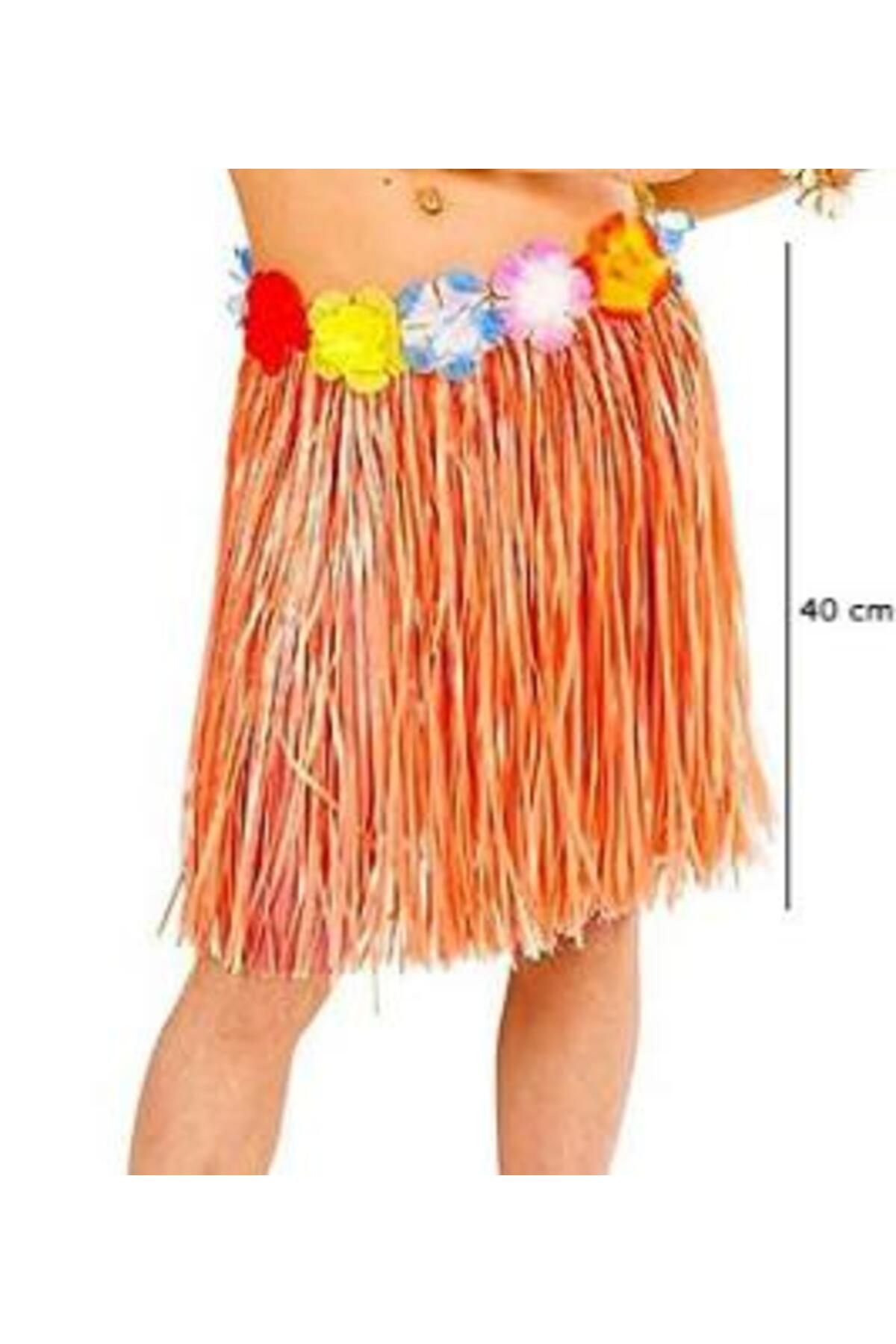 AYLİNA Yetişkin ve Çocuk Uyumlu Turuncu Renk Püsküllü Hawaii Luau Hula Etek 40 cm