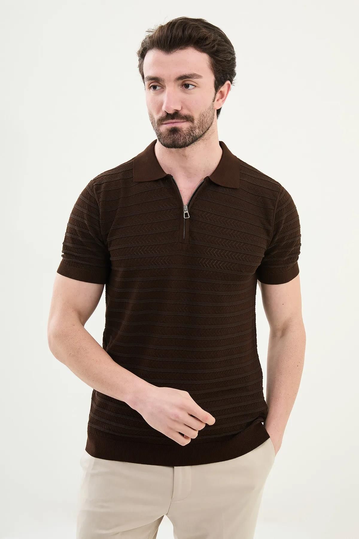 Mcr Desenli Slim Fit Fermuarlı Polo Yaka Erkek Triko T-shirt 11536