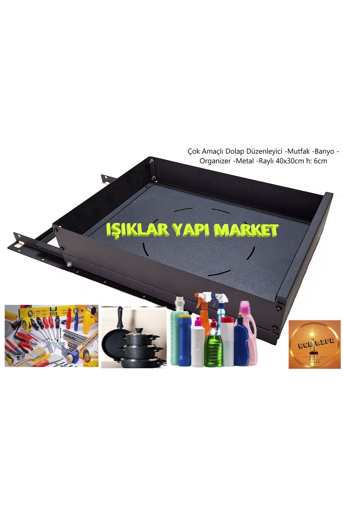 ece life Çok Amaçlı Dolap Düzenleyici -mutfak -banyo -organizer -metal -raylı 40x30cm H: 6cm -siyah