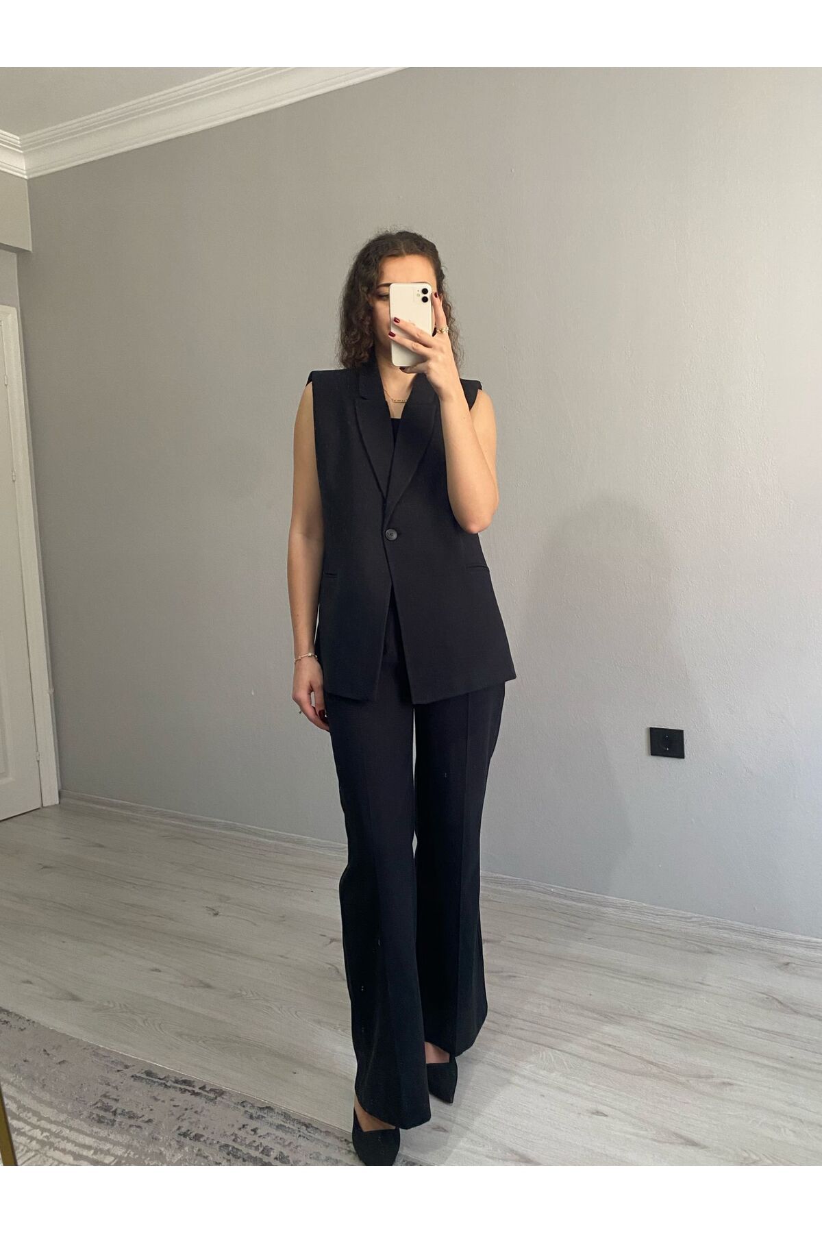 Niceboutique Kruvaze Yaka Vatkalı Yelek Arka Bel Lastikli Salaş Pantolon Keten Takım
