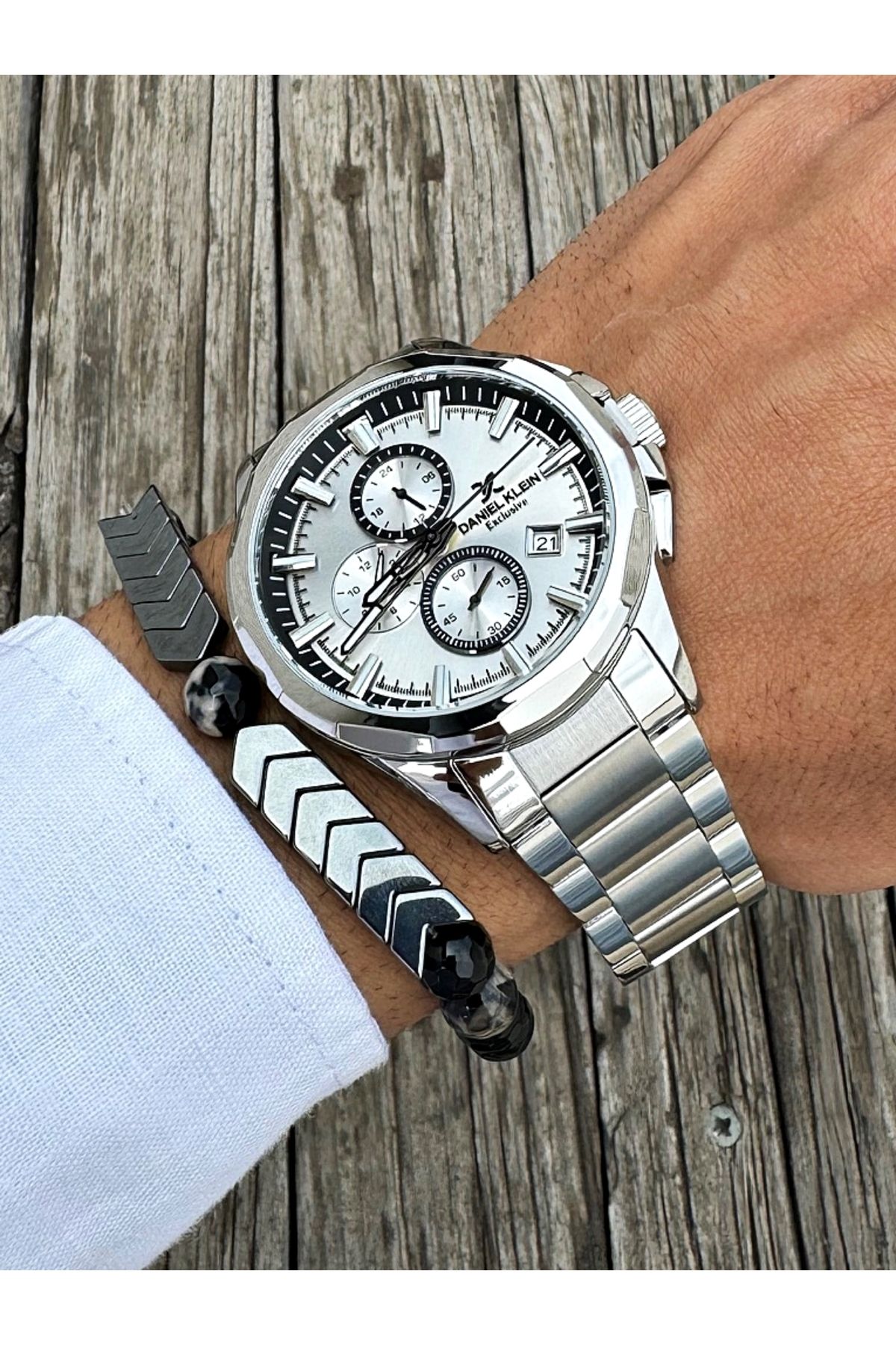 Daniel Klein Exclusıve Fonksiyonlu 2 Yıl Garantili Gümüş Renk Erkek Kol Saati Doğal Taş Bileklik Hediyeli Dkl31
