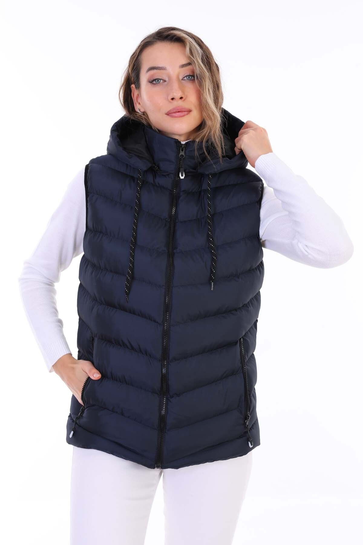 B.HE.Z Kadın Çapraz Model Jel Dolgulu Fermuarlı Kapüşon İç Cepli Şişme Yelek