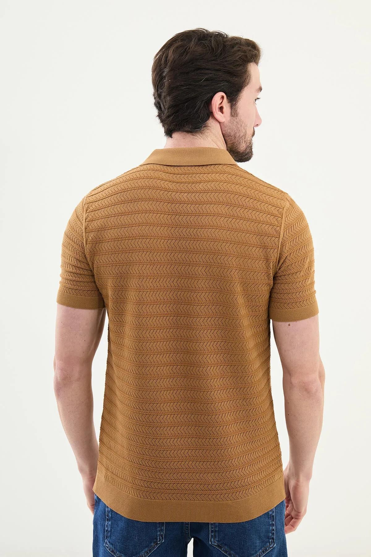 Mcr Desenli Slim Fit Fermuarlı Polo Yaka Erkek Triko T-shirt 11536