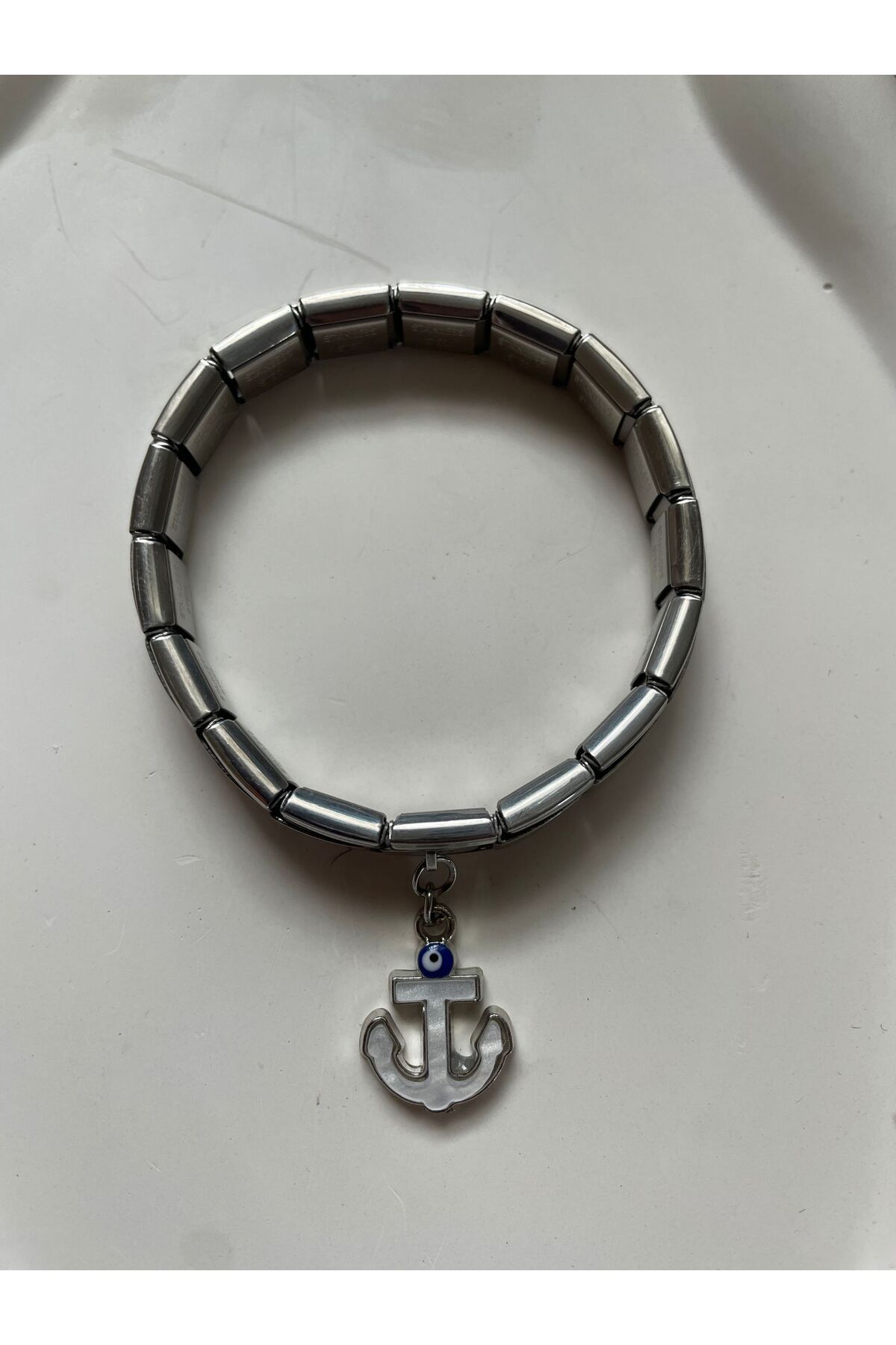 HKN AVM ACCESSORİES Çelik Italyan Charm Bileklik Nazar Boncuklu Gümüş Ayarlanabilir Italyan Charm Çelik Bileklik