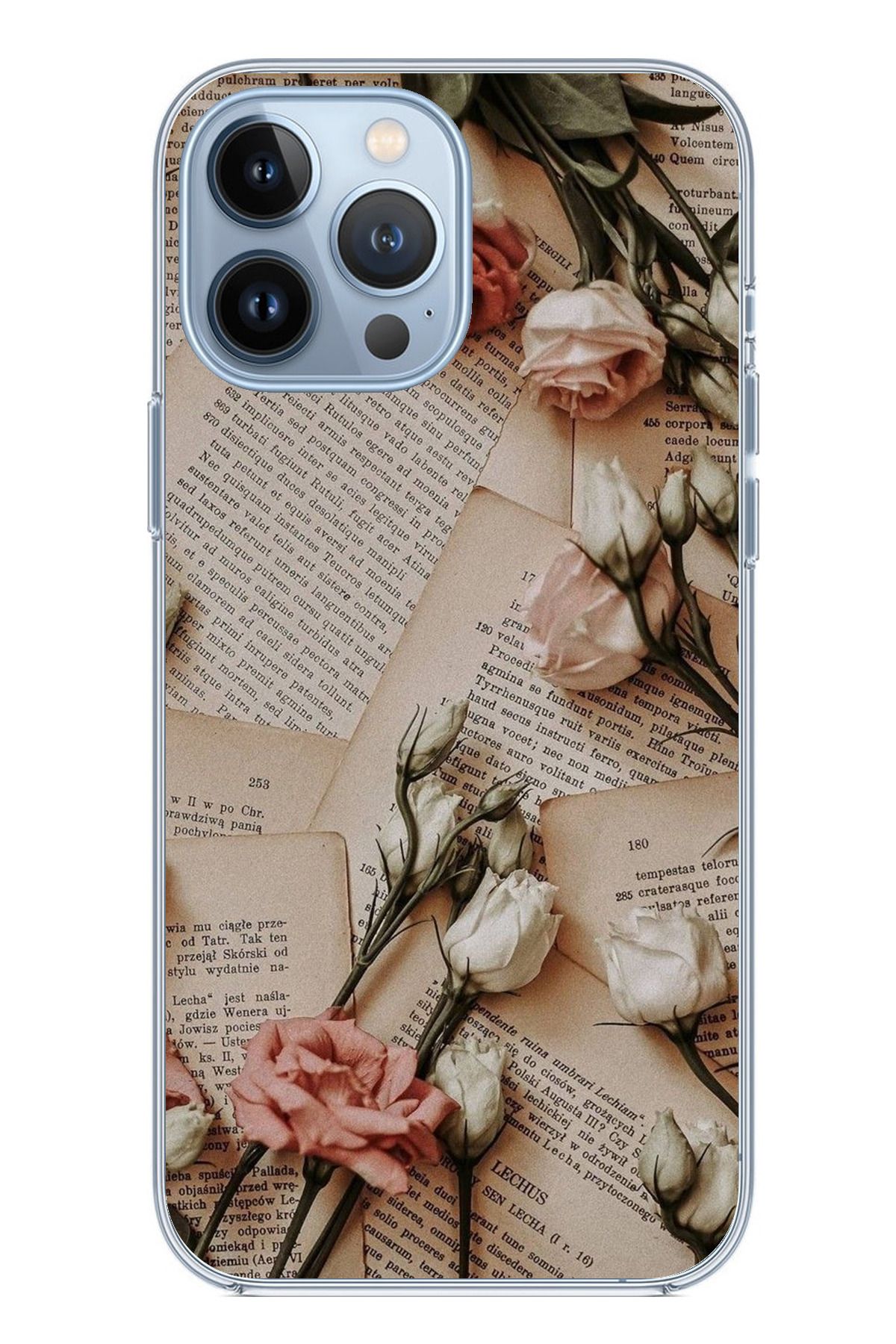 TechTree iPhone 13 PRO MAX Uyumlu Retro Gazete Güller Tasarımlı Şeffaf Silikon Kılıf