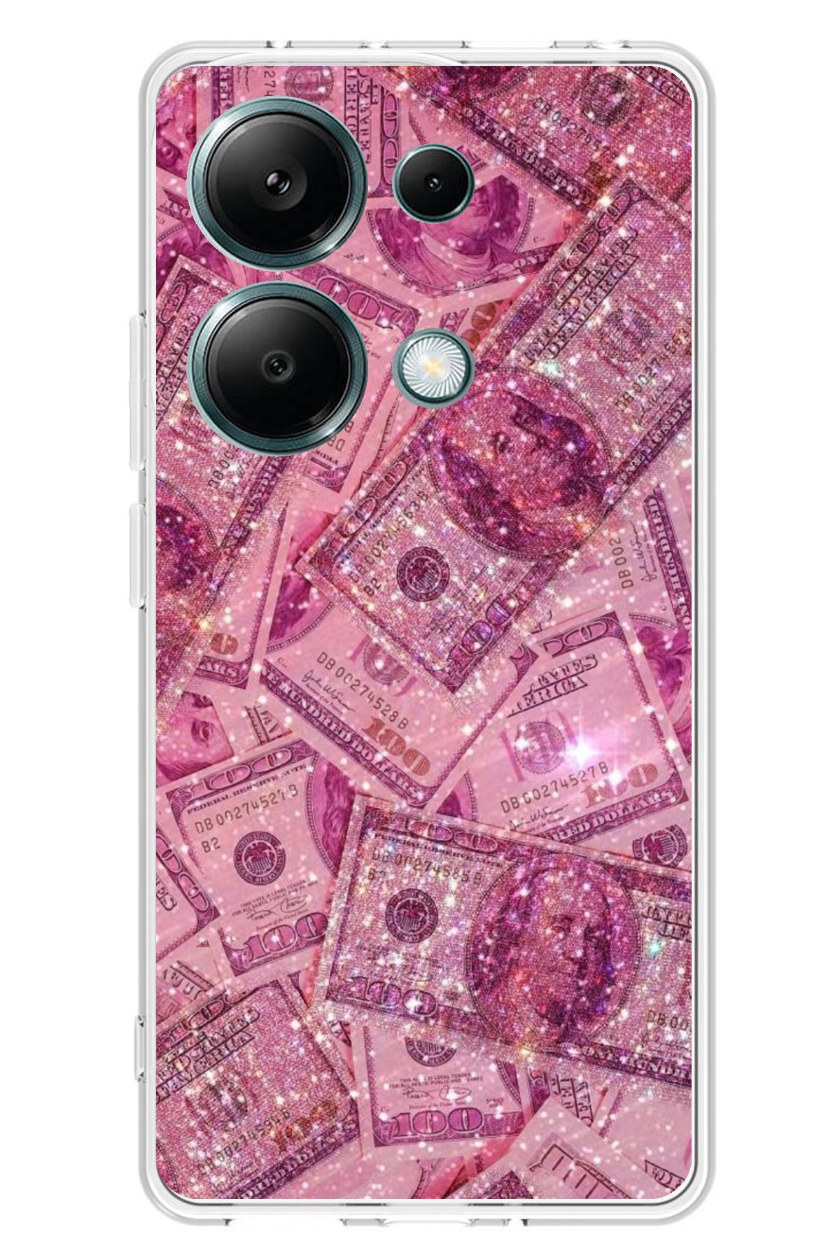 TechTree Redmi Note 13 PRO 4G Uyumlu Pembe Işıltılı Dolarlar Şeffaf Silikon Kılıf