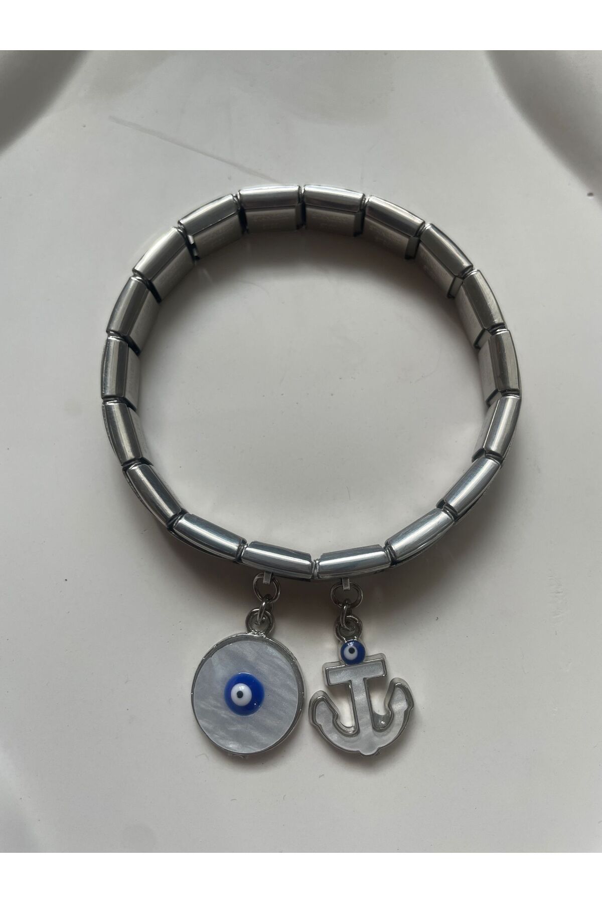HKN AVM ACCESSORİES Çelik Italyan Charm Bileklik Nazar Boncuklu Gümüş Ayarlanabilir Italyan Charm Çelik Bileklik