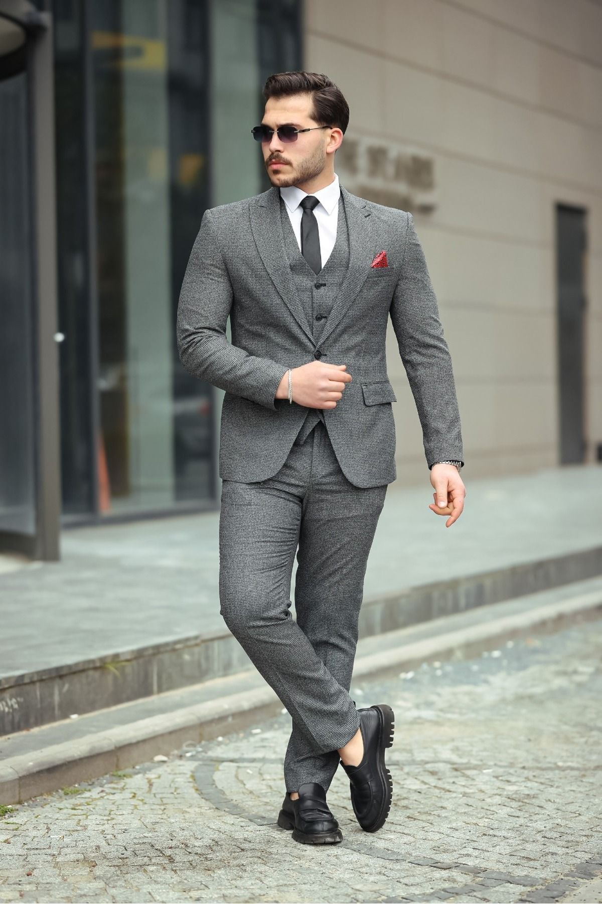 Twenhil DAR KESİM YELEKLİ TAKIM ELBİSE PANTOLON İPLİ GRİ