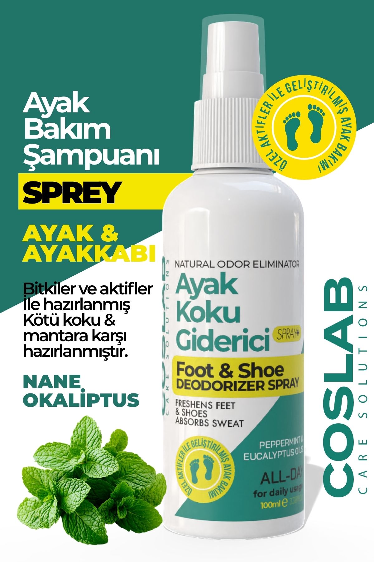 COSLAB Ayak ve Ayakkabı Koku Giderici, Mantar Engelleyici, Tırnak Bakım Spreyi – 100 ML Doğal Deodorant