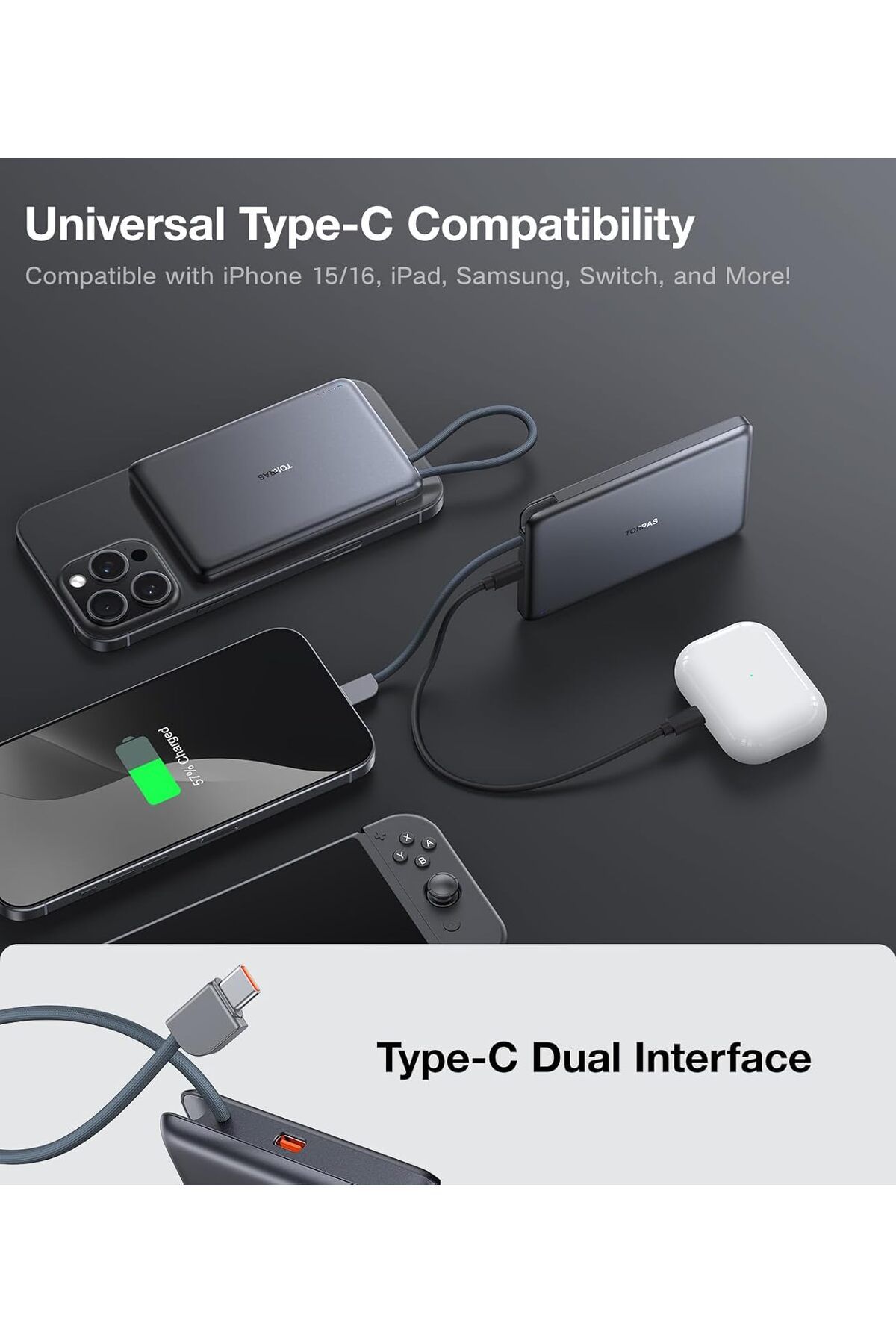 TORRAS-PebbleLink Power Bank With Built-in USB-C Cable,10,000mAh, 22.5W iPhone,Android, White (No-Wireless) 14