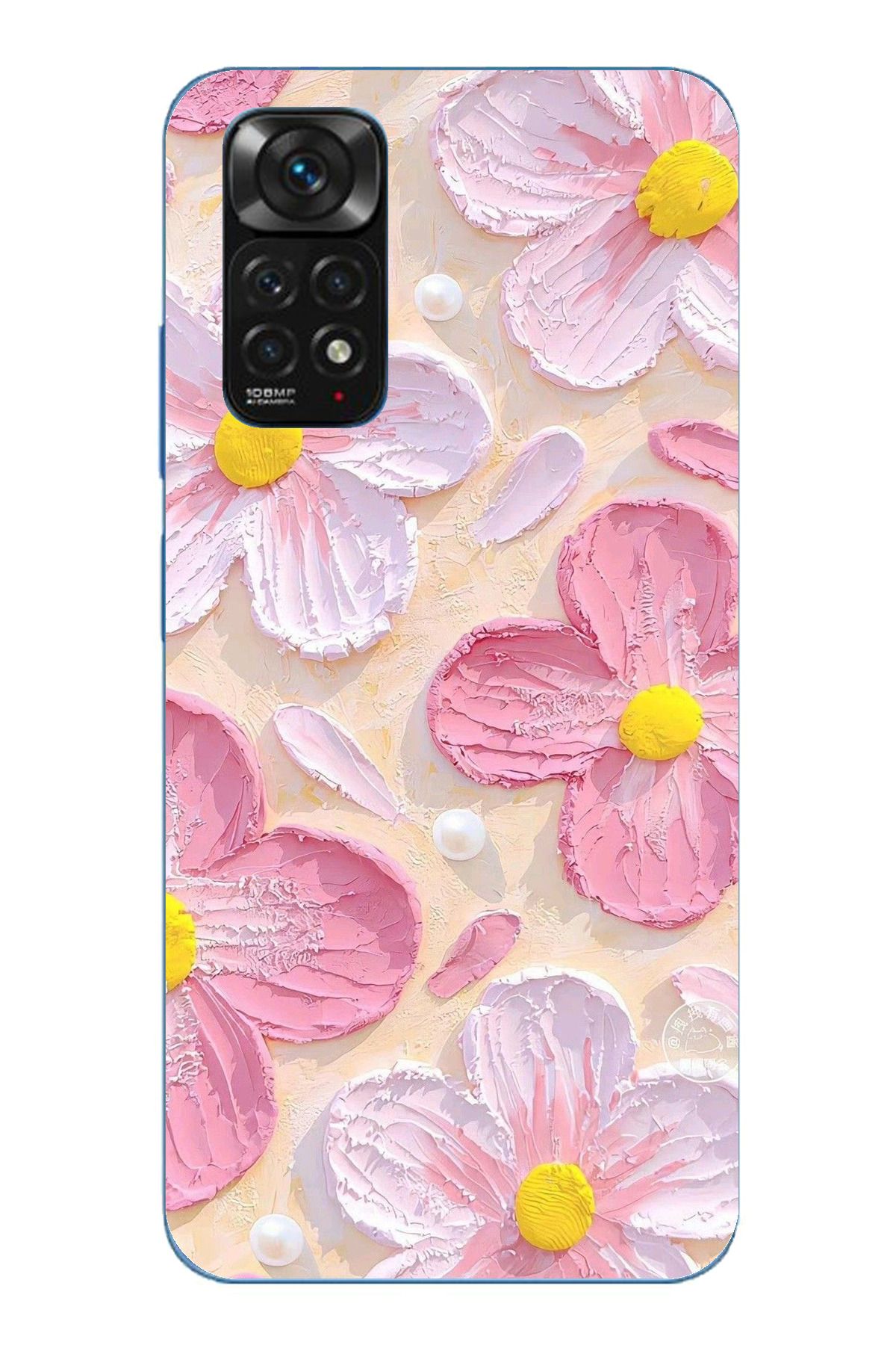 TechTree Redmi Note 11 / 11S Uyumlu Pembe Beyaz Çiçekler Sulu Boya Şeffaf Silikon Kılıf