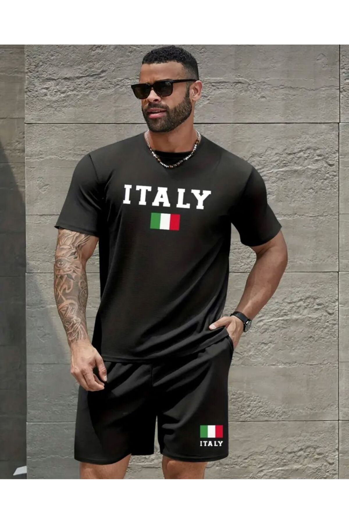 khufu Oversize Bisiklet Yaka Alt Üst T-shirt Şortlu İTLY Baskılı ikili Takım Unisex