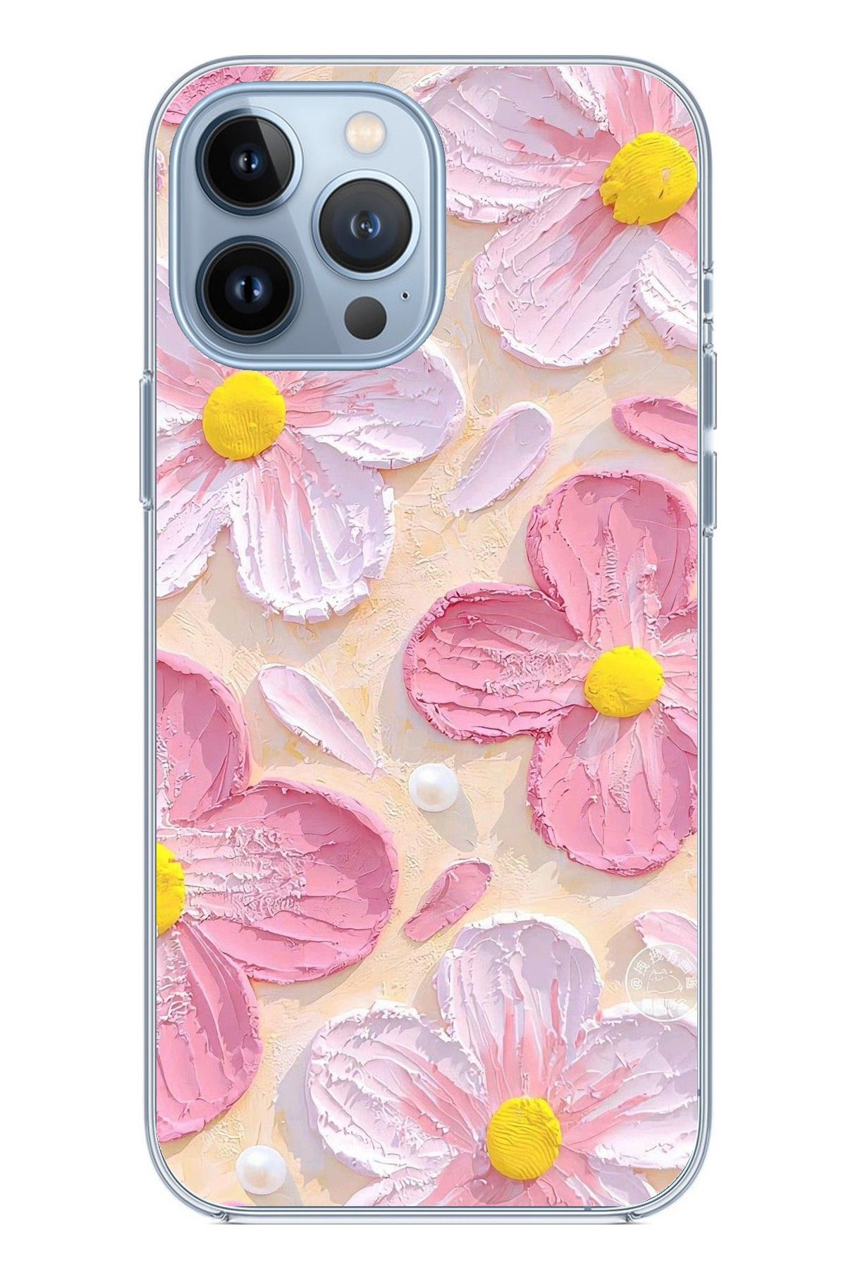TechTree iPhone 13 PRO MAX Uyumlu Pembe Beyaz Çiçekler Sulu Boya Şeffaf Silikon Kılıf