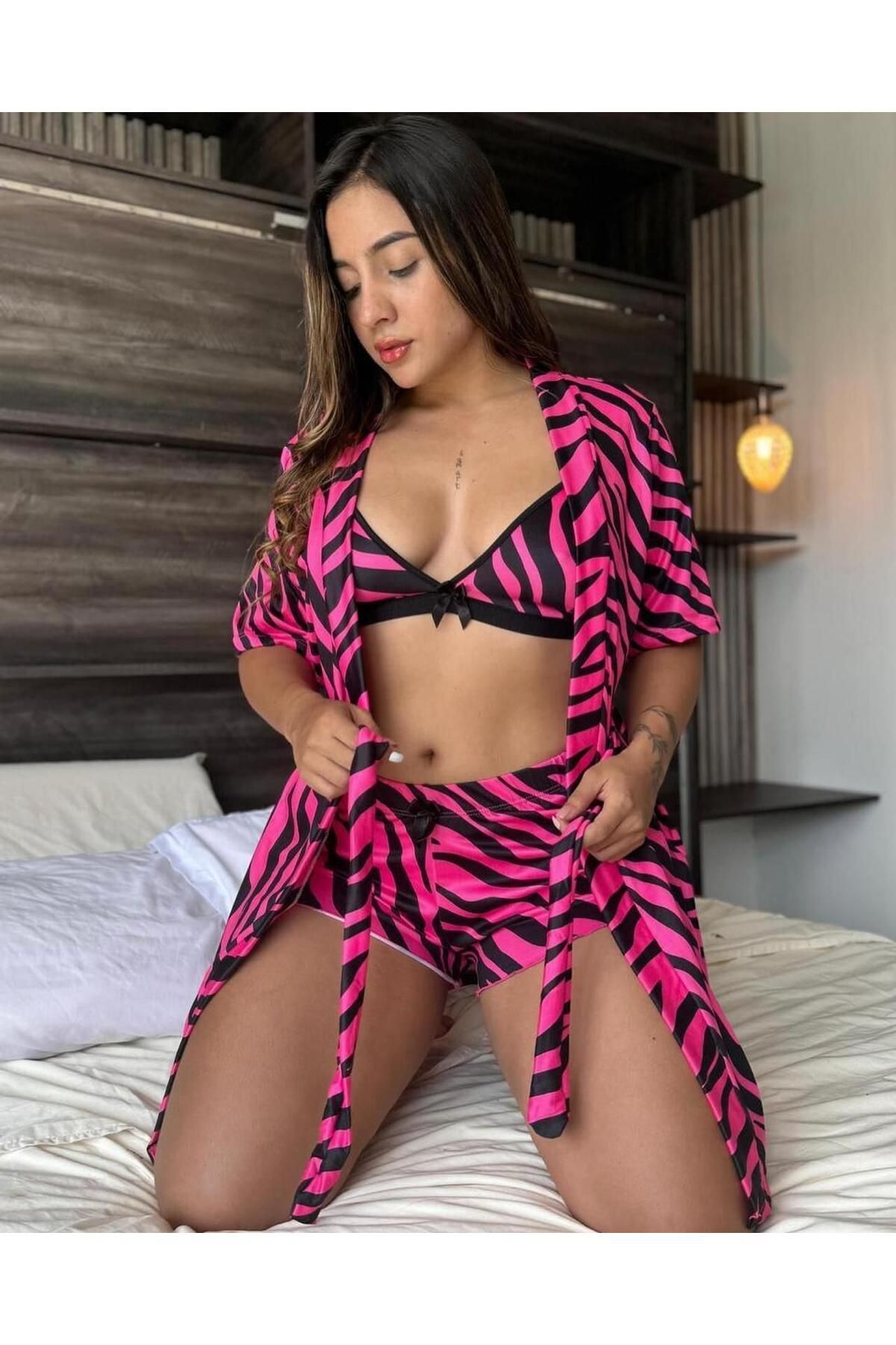 Veille Pembe Zebra Desenli 3'lü Saten Pijama Takımı